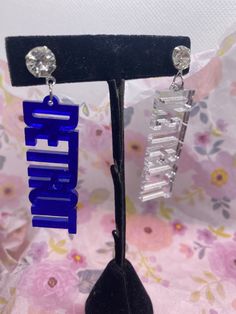 Detroit Game Day Earrings Silver & Blue 2.5 inches long Bling Socks, Wine Apron, Detroit Game, Wine Bottle Charms, Christmas Bling, Wine Gift Bag, Drinking Accessories, Bottle Charms, Mens Items