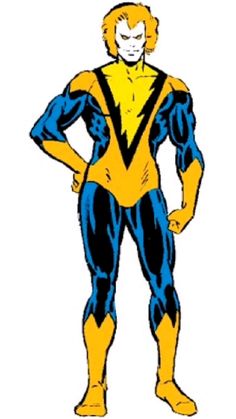 an image of a man with his hands on his hips wearing a yellow and blue costume