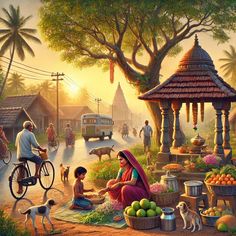 a painting of people and animals in a rural area with fruit, vegetables and other things