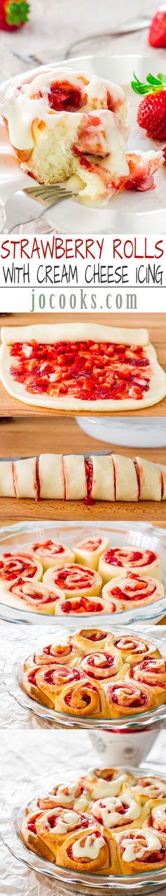 strawberry rolls with cream cheese icing and fresh strawberries on the top are ready to be served