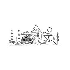 a black and white line drawing of a camper trailer in the mountains with trees