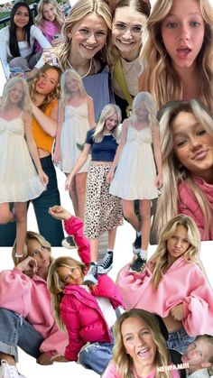 the collage shows many different images of women in pink and white outfits, with one woman