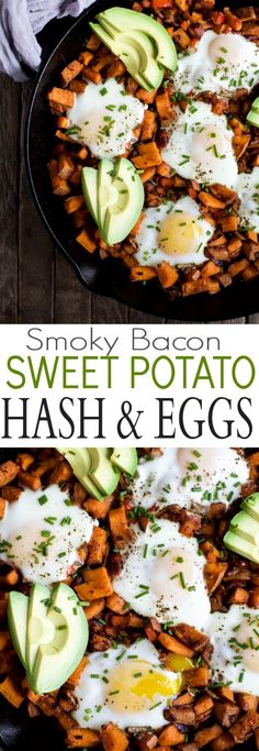 sweet potato hash browns with eggs and avocado in a cast iron skillet