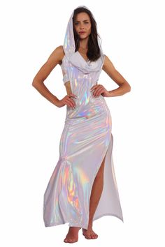 Holographic white festival maxi dress from Love Khaos Ethereal Fitted Party Dress, Fitted Ethereal Party Dress, White Mermaid Party Dress, Glamorous White Mermaid Party Dress, Metallic Maxi Dress For Party Season, White Mermaid Dress For Party, Iridescent Shimmer Evening Dress, Metallic Maxi Dress For Prom, Ethereal Fitted Maxi Dress For Party