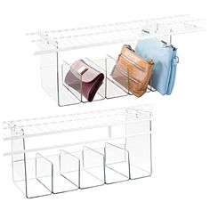 two clear shelves holding purses and wallets