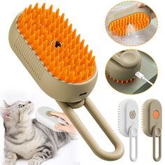 the cat brush is being used to clean it's fur and hair with its attachments