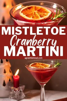 the finished cranberry martini is garnished with orange slices and rosemary