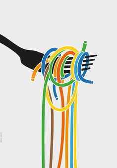 an illustration of a fork with many colored cords attached to it, as if they were connected together