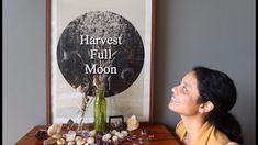 a woman sitting in front of a table with rocks and plants on it next to a poster