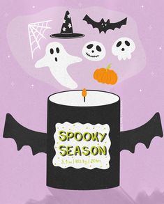 an illustration of a halloween candle with ghost faces and pumpkins on it, in front of a purple background that says spooky season