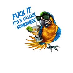 a blue and yellow bird with sunglasses on its head holding a drink in it's beak