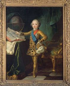 a painting of a young boy in an ornate gold outfit holding a piece of paper