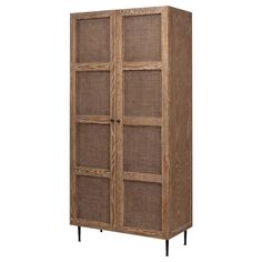 a tall wooden cabinet with wicker doors and black metal legs on an isolated white background