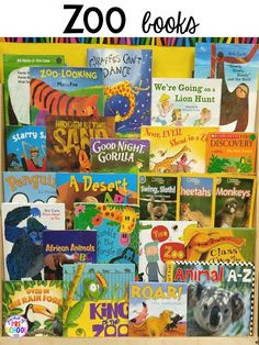 there are many books in this bookcase with the title zoo books on it and an image