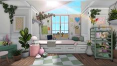 the room is decorated in pastel colors and has lots of plants on the shelves