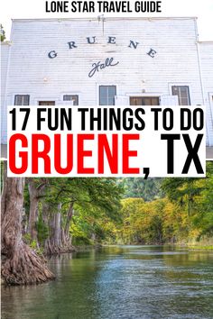 an old building with the words grune, tx on it and trees in front