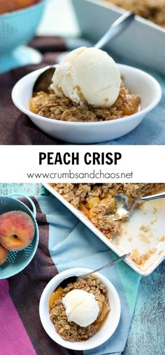 peach crisp with ice cream on top in two white bowls next to another bowl filled with peaches