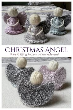 three knitted angel ornaments sitting on top of a bed