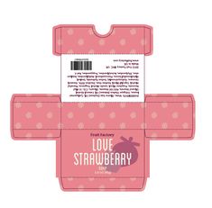 an open pink box with the label for love strawberry on it's front and side