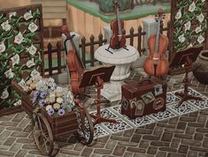 a painting of musical instruments on display in front of a fence with flowers and vases