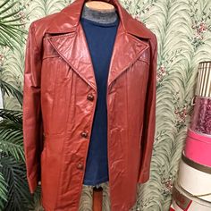 Jc Penney Vintage Leather Jacket. This Is The Real Deal. 70’s/Early 80’s Wide Lapel, Rust Colored, Full Length Leather Jacket. Excellent Shape With Liner Still Intact. Retro Brown Outerwear For Vintage Fashion, Mid-century Vintage Outerwear For Fall, Fitted Vintage Brown Retro Leather Jacket, Fitted Retro Vintage Brown Leather Jacket, Retro Fitted Leather Jacket, Retro Fall Outerwear For Vintage Fashion, Retro Fitted Leather Jacket For Fall, Retro Single-breasted Outerwear, Fitted Retro Leather Jacket For Fall