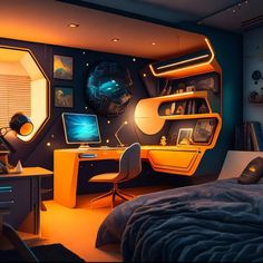 a room with a bed, desk and computer