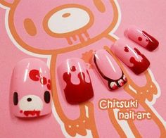 Gloomy Bear Nail-art Unusual Nails, Fingernail Art, Bears Nails, Gloomy Bear, Mario Nintendo, Nice Nails, Hello Kitty Nails, Red Nail Polish, Pretty Gel Nails