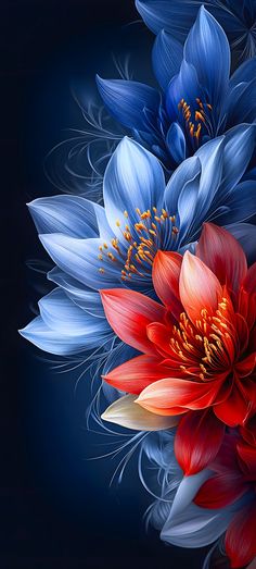 three flowers with blue, red and white petals on them are in the middle of a dark background