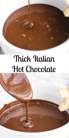 chocolate sauce being poured into a white bowl with the words thick italian hot chocolate on top