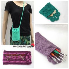 crocheted items are displayed in three different pictures, including a purse and gloves