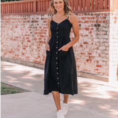 Sometimes You Just Need That Throw-On-And-Go Black Dress In Your Closet! This Linen-Blend Midi Dress Is Part Of Our Honey Bee Collection. It Has Front Buttons, Front Pockets, And Adjustable Spaghetti Straps. Style It With Cute Sandals For Summer And With A Cute Hat And Denim Jacket In Fall! Nwot *No Pockets On Solid Colored Dresses But There Are Pockets On All Other Dresses. Cute Sandals For Summer, Cute Hat, Cute Sandals, Cute Hats, Black Button, Honey Bee, Linen Blend, Spaghetti Strap, Colorful Dresses