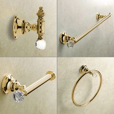 four pictures of gold bathroom hardware with crystal knobs and towel ring on the wall