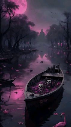 a boat that is sitting in the water with skulls on it's front end