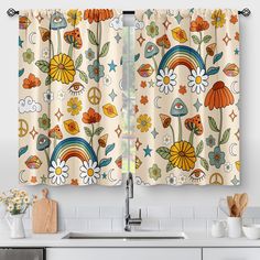 kitchen curtains with flowers and rainbows on them