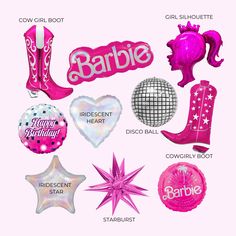 barbie birthday party supplies including balloons, starbursts, cowgirl boots and more