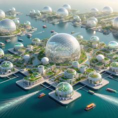 an artist's rendering of a floating city in the middle of water with lots of domes