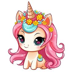 a pink pony with flowers on its head and a flower crown around it's head