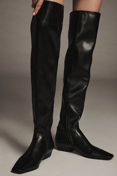 Leather upper Synthetic insole Rubber sole Pull-on styling Imported | Ichab Over-The-Knee Boots by Jeffrey Campbell in Black, Women's, Size: 6, Leather/Rubber at Anthropologie Sleek Leather Over-the-knee Boots, Tall Leather Over-the-knee Heeled Boots, Tall Over-the-knee Leather Heeled Boots, Sleek Knee-high Boots With Leather Sole, Fitted Leather Over-the-knee Boots, Fitted Over-the-knee Leather Boots, Wide Calf Knee-high Boots With Leather Sole, Fitted Flat Heel Boots For Workwear, Fitted Knee-high Boots With Removable Insole