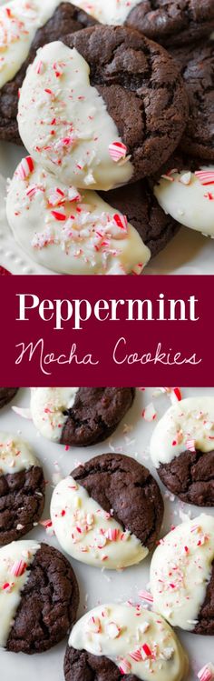 peppermint mocha cookies on a plate with white frosting and sprinkles