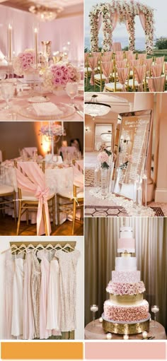 a collage of pictures with pink and gold wedding decor in different stages of creation