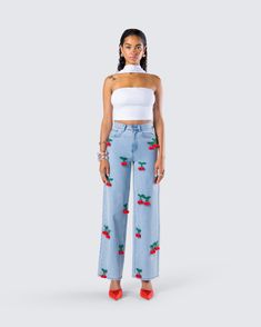 Nothing screams summertime bliss quite like this fit 🤍 Be the cherry on top in this two-piece set featuring a white tube halter top and a cutesy pair of 3D cherry blue denim jeans 🍒 Trendy Summer Cotton Jeans, White Denim Jeans For Summer, Cute Summer Cotton Jeans, Cute Cotton Jeans For Summer, Cute High Waist Summer Jeans, Fitted Strawberry Print Bottoms For Summer, Fitted Summer Jeans, Chic Cropped Summer Jeans, Chic Cropped Jeans For Summer