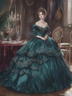 1800 Royal Dress, Princess Aesthetic Medieval, Old Princess Dresses Ball Gowns, Royal Ball Gowns Queens, Victorian Dress Green, Victorian Ballgown Aesthetic, Victorian Dress Painting, Elegant Victorian Dresses, Fantasy Dresses Aesthetic