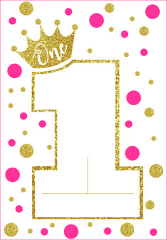 a pink and gold 1st birthday card with a crown on top