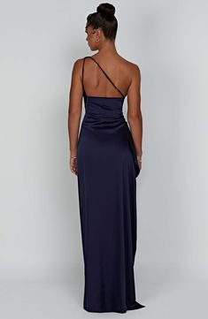 Ariel Maxi Dress - Navy – Babyboo Fashion Luxury Mermaid Hem Maxi Dress For Night Out, Luxury One-shoulder Maxi Dress For Prom, Luxury Blue One-shoulder Mini Dress, Luxury Blue Draped Maxi Dress, Luxury Blue Strapless Maxi Dress, Luxury Blue Satin Maxi Dress, Luxury One-shoulder Sleek Maxi Dress, Luxury Maxi Dress For Homecoming, Luxury Draped One-shoulder Dress For Prom