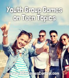 a group of people standing next to each other with the words youth group games above them