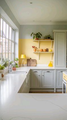 a kitchen with yellow walls and white counter tops, along with shelves filled with potted plants