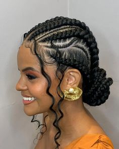 Esse hair 😍 | Instagram Mixed Braids Hairstyles Black, Low Ponytail Hairstyles For Black Women Braids, Curly Stitch Braids, Boricua Hairstyles, Braid And Ponytail Hairstyles Black, Stitch Braid Bun With Curls, Goddess Cornrows Buns, Updo Braided Hairstyles For Black Women, Vacay Hairstyles Black Women