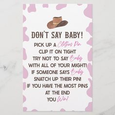 This is a Cowgirl Rodeo Western Don't Say Baby! Baby Shower Game.   *Don't Say Baby! - Buy clothes pins. Each guest collects one clothes pin and clips it on their clothing. Whenever a guest catches someone saying the word "baby", they can take that persons pin. Whoever, has the most pins at the end, wins! Cowgirl Baby Shower Games, Boho Baby Shower Girl, Cowgirl Baby Shower Theme, Rodeo Baby Shower, Rodeo Baby, 1st Rodeo, Baby Gender Reveal Party Decorations