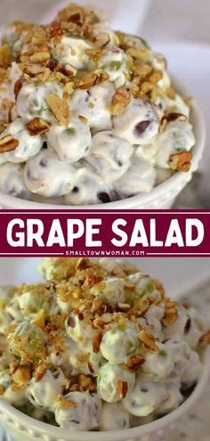 two bowls filled with grapes salad on top of a white tablecloth and the words grape salad above it