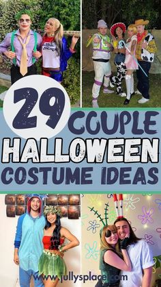 some people are dressed up in costumes and posing for the camera with text overlay that reads 29 couple halloween costume ideas